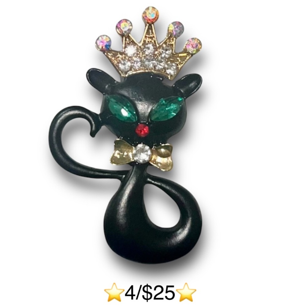 Black Cat in Rhinestone Crown Brooch / Pin, Gold Tone w/ Jewels, New in package
